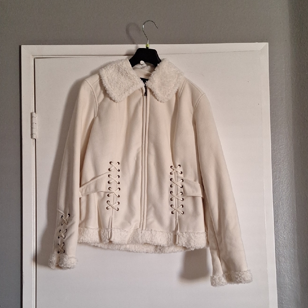 Moda International Off-White Teddy Jacket with Lace-Up Details